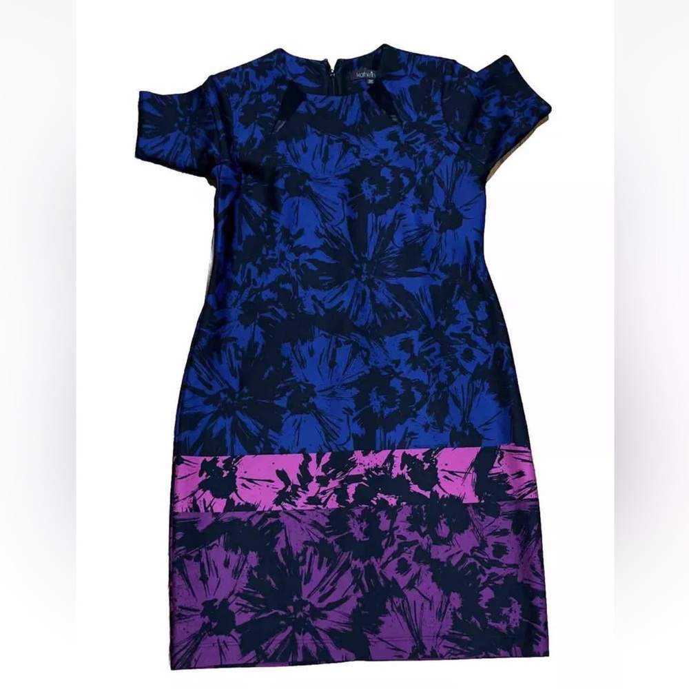 Katherine H Floral Short Sleeve Color Block Dress Blue , Pink , Purple 10P